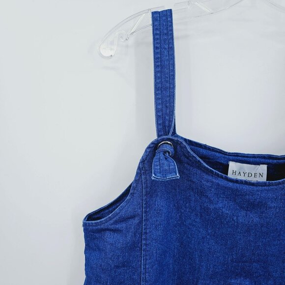 Hayden Los Angeles Dress M Blue Jean Denim Overall Knot Cotton Fringe Hem Boho - Picture 3 of 10